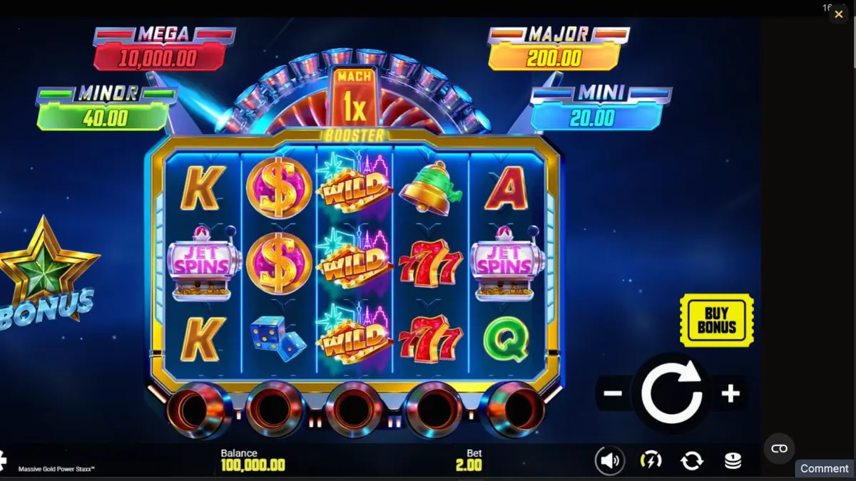 Tampilan visual futuristik dari slot Massive Gold Power Staxx dengan simbol emas dan latar belakang galaksi.