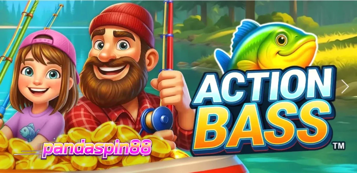Tampilan visual slot Action Bass dengan tema memancing dan suasana danau yang cerah.